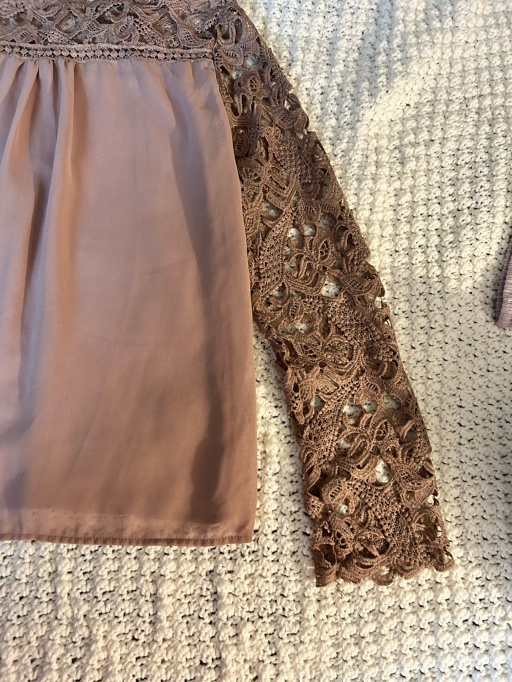 Women's Taupe Lace Yoke Long-Sleeve Blouse - Picture 12 of 16